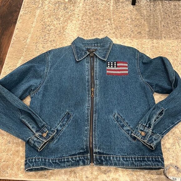 VTG Agapo Denim Jacket W Embroidered Flag on Back, Zip Up size M EUC 100% cotton - Picture 1 of 10